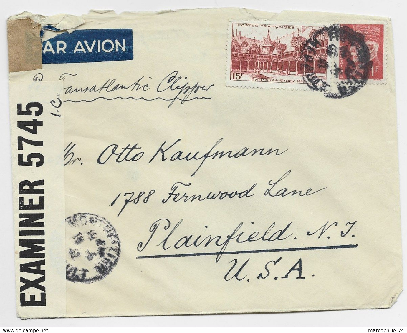 FRANCE N° 539 +514 LETTRE AVION Défaut Ouverture MONTPELLIER 1942 POUR USA  CENSURE AU TARIF - 1921-1960: Modern Period