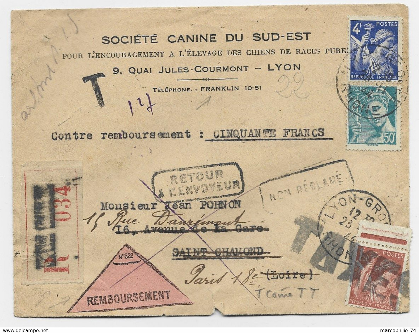 FRANCE IRIS 1FR50 BRUN GRIFFE TAXES LETTRE REC CONTRE REMBOURSEMENT 4FR+50C MERCURE LYON 23.11.1944 - 1921-1960: Modern Period