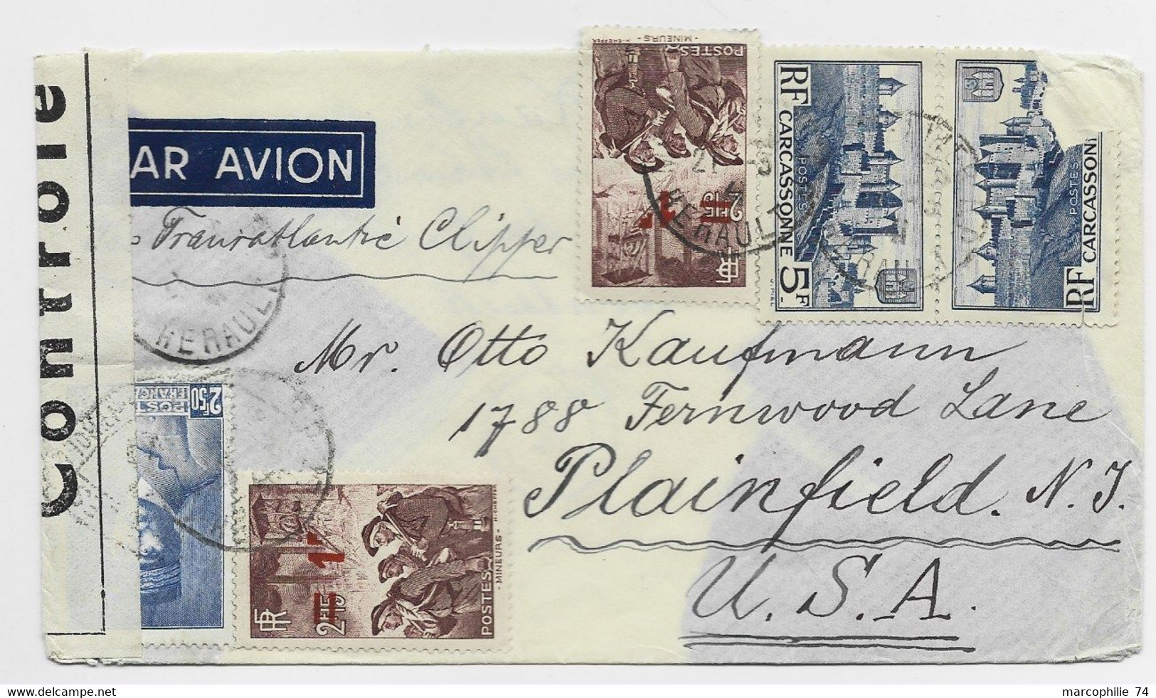 FRANCE N° 392X2 1 DECHIRE ?? + PETAIN 2FR50 BLEU +1FR MINEURSX2 LETTRE AVION MONTPELLIER 1941 POUR USA CENSURE AU TARIF - 1921-1960: Modern Tijdperk