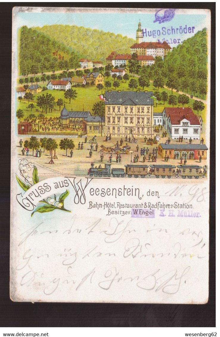 Weesenstein Gruss Aus ...Bahn- Hotel, Restaurant, Radfahre- Station 1898 Litho - Weesenstein A. D. Müglitz