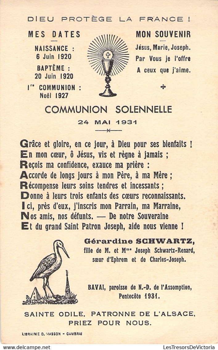 Souvenir De Communion Solennelle - Image Pieuse - 24 Mai 1931 Gérardine Schwartz à Bavai - Dieu Protège La France - Comunioni