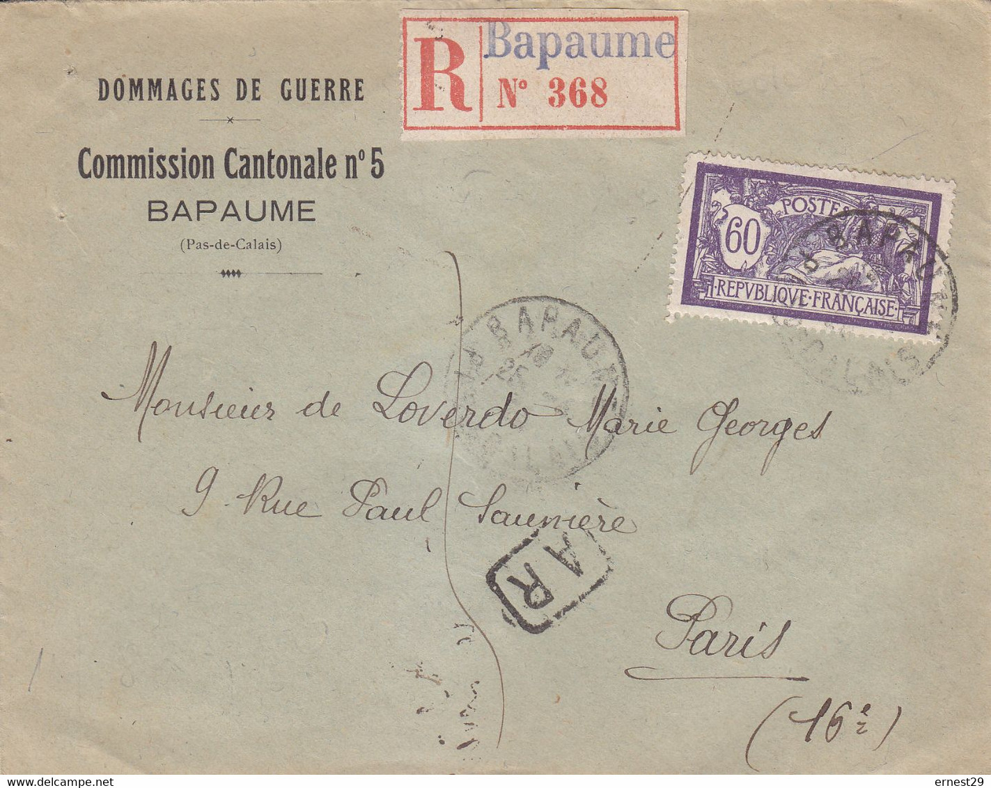 Merson 60c Lettre Recommandée AR De Bapaume Pas De Calais Pour Paris Commission Des Dommages De Guerre - 1921-1960: Modern Period