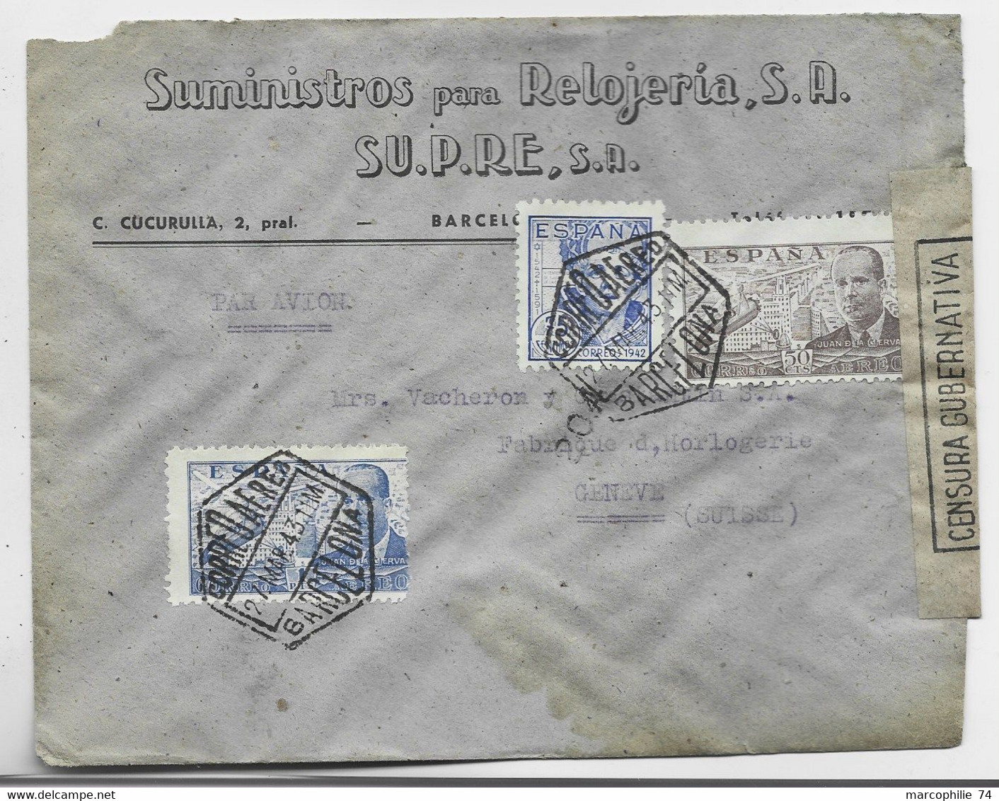 ESPANA 75C+ 1PTA 50C LETTRE COVER CORREO AEREO BARCELONA  1943   TO SUISSE CENSURA - Lettres & Documents