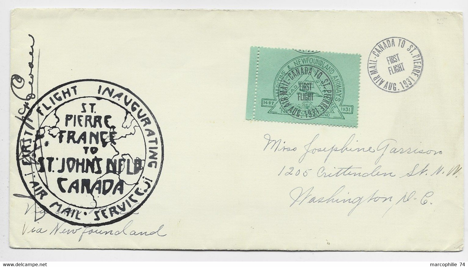 CANADA NEW FOUNLAND AIR WAYS ST PIERRE CANADA FIRST FLIGHT 1931 LETTRE COVER INAUGURATING TO USA + SIGNATURE PILOTE - First Flight Covers