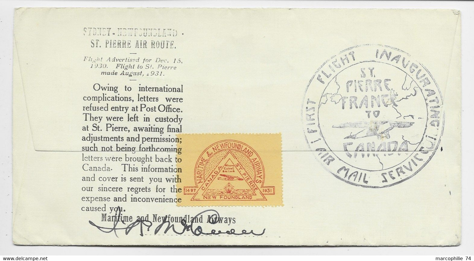 CANADA NEW FOUNLAND AIR WAYS ST PIERRE CANADA FIRST FLIGHT 1931 LETTRE COVER INAUGURATING TO USA + SIGNATURE PILOTE - First Flight Covers