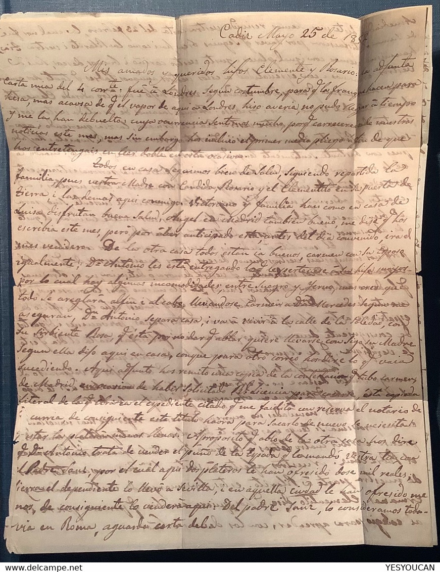 „ARICA+VAPOR“1852 Entire Letter CADIZ SPAIN Via London Throgmorton St Forwarder & Southampton>Tacna (Peru Perou Cover - Peru