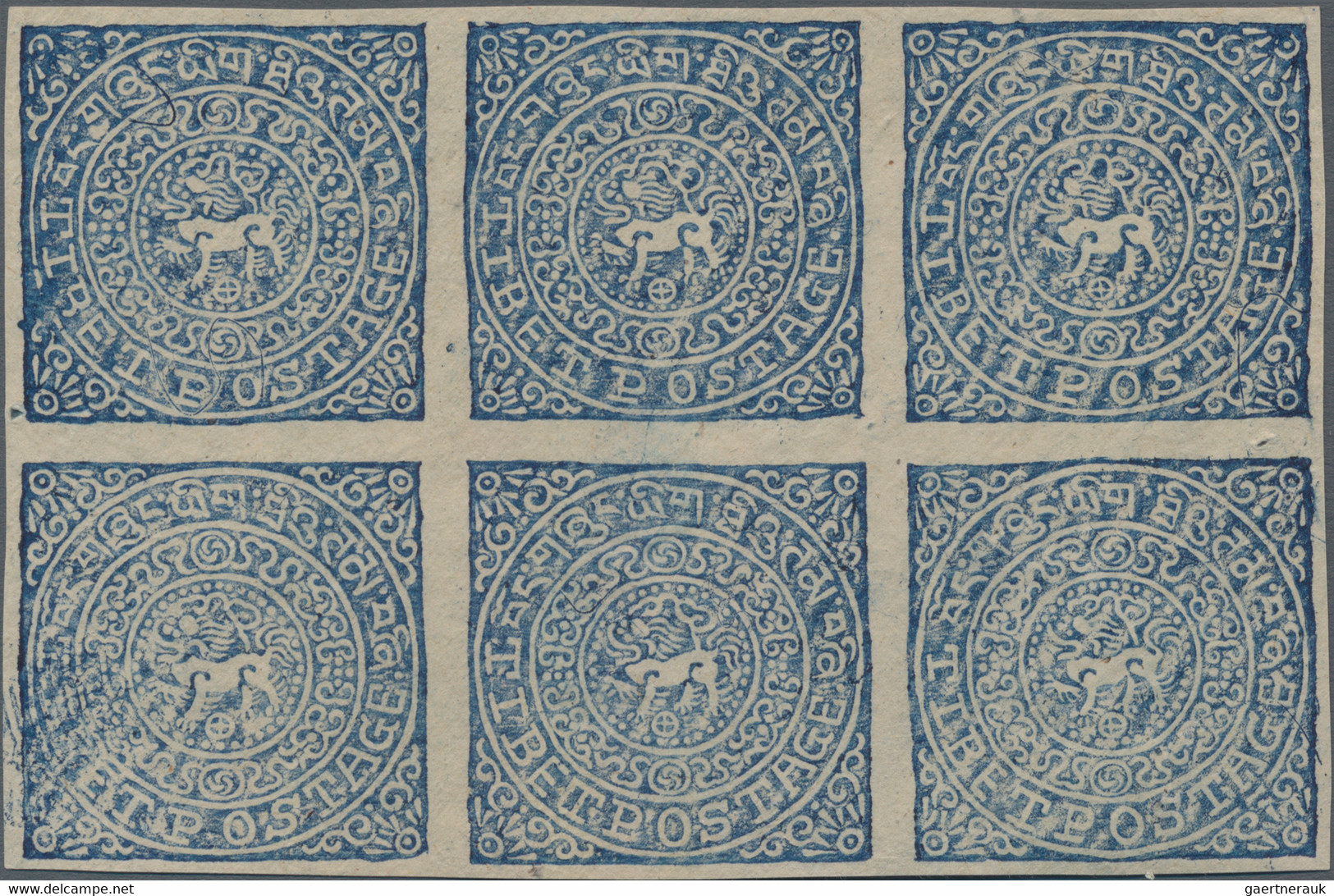 Tibet: 1914, 4 T. Indigo, A Full Sheet Of Six , Unused No Gum As Issued, Two Pinholes At Center Marg - Asia (Other)