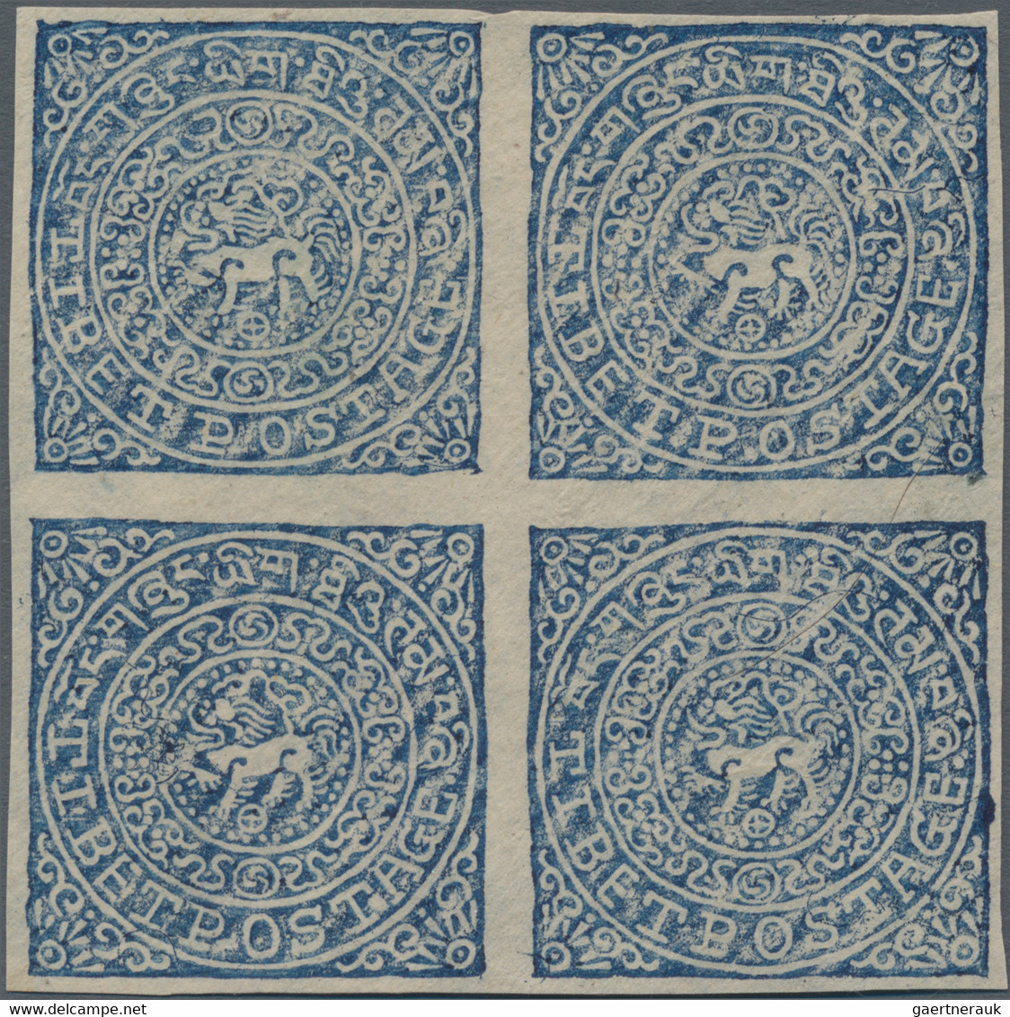 Tibet: 1914, 4 T. Indigo, A Block Of Four, Unused No Gum As Issued (Michel Cat. 6800.-) - Asia (Other)