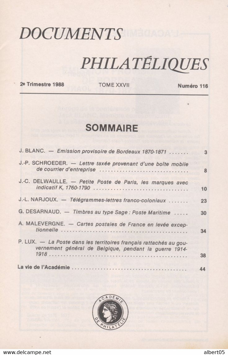 Revue  De L' Académie De Philatélie - Documents Philatéliques N° 116 - 2 ème Trimestre 1988 - Avec Sommaire - Philately And Postal History