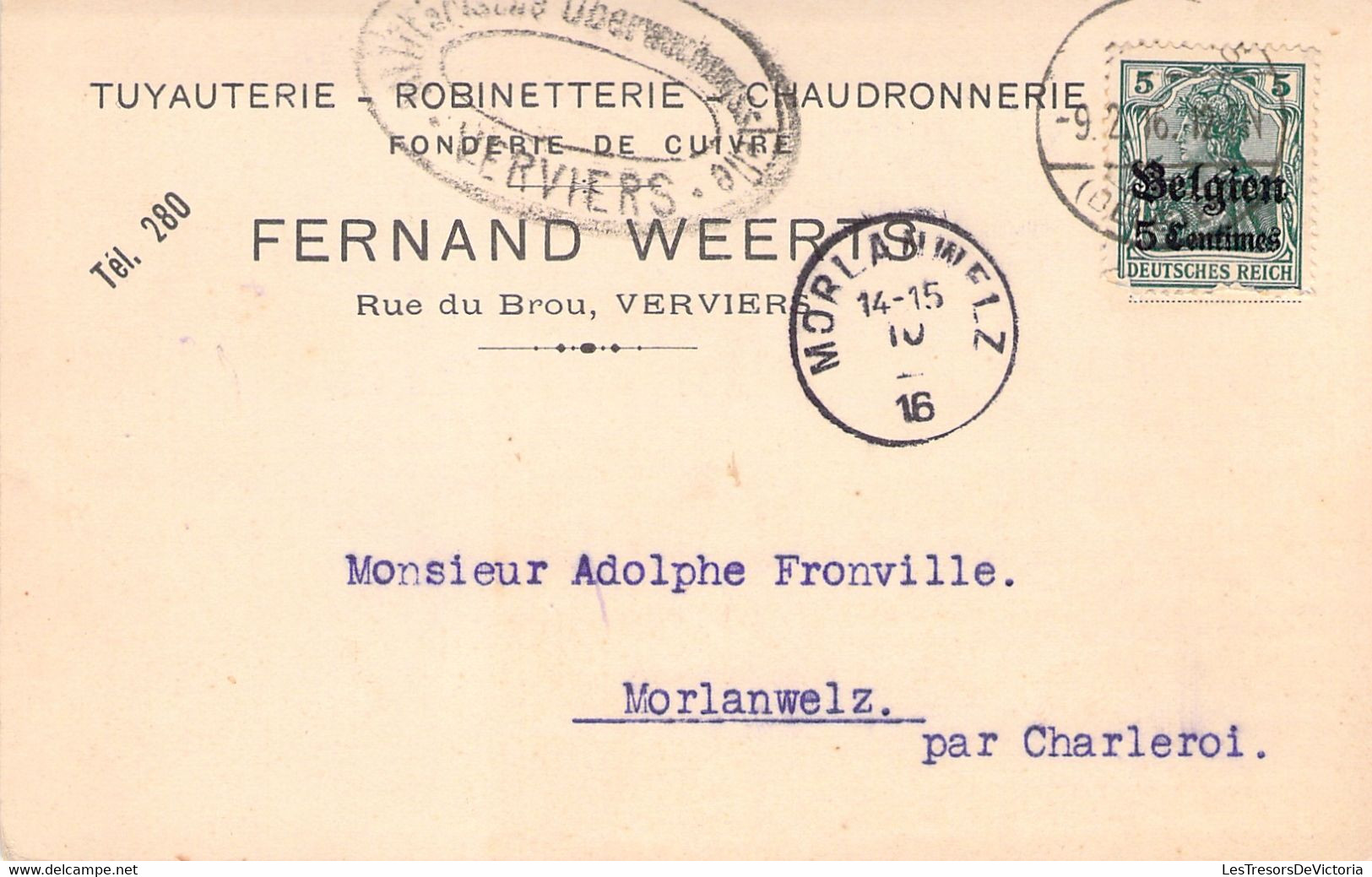 Carte Fernand Weerts - Verviers - Morlanwelz - Timbre D'allemagne Avec Surcharge Belgien 5 Cent - 1916 - Histoire