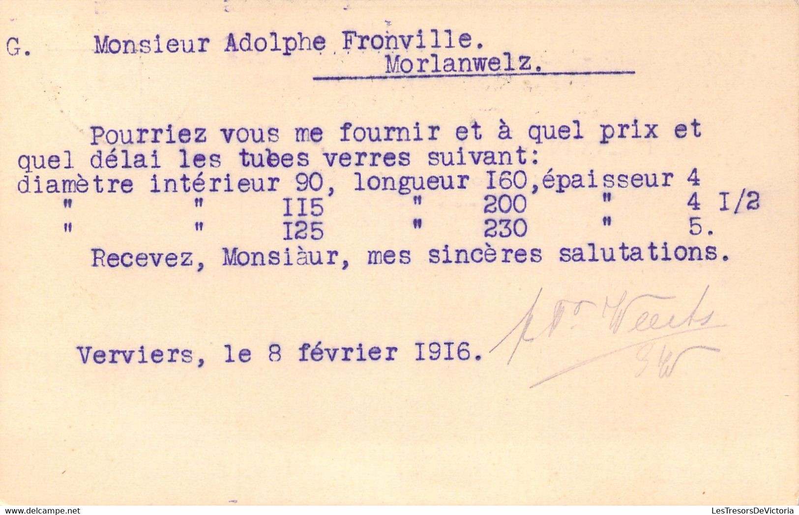 Carte Fernand Weerts - Verviers - Morlanwelz - Timbre D'allemagne Avec Surcharge Belgien 5 Cent - 1916 - Historia
