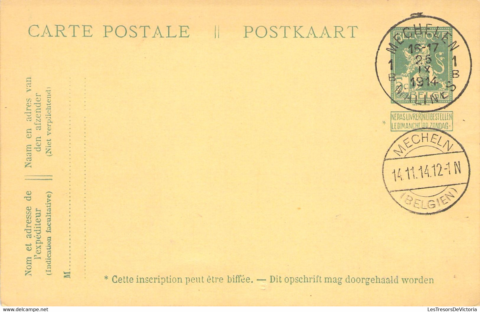 Carte Postale - Entier Postal - Oblitéré 2 Fois Le 25/09/1914 En Belgique Puis Sous L'occupation Allemande 2 Mois Après - Tarjetas 1909-1934