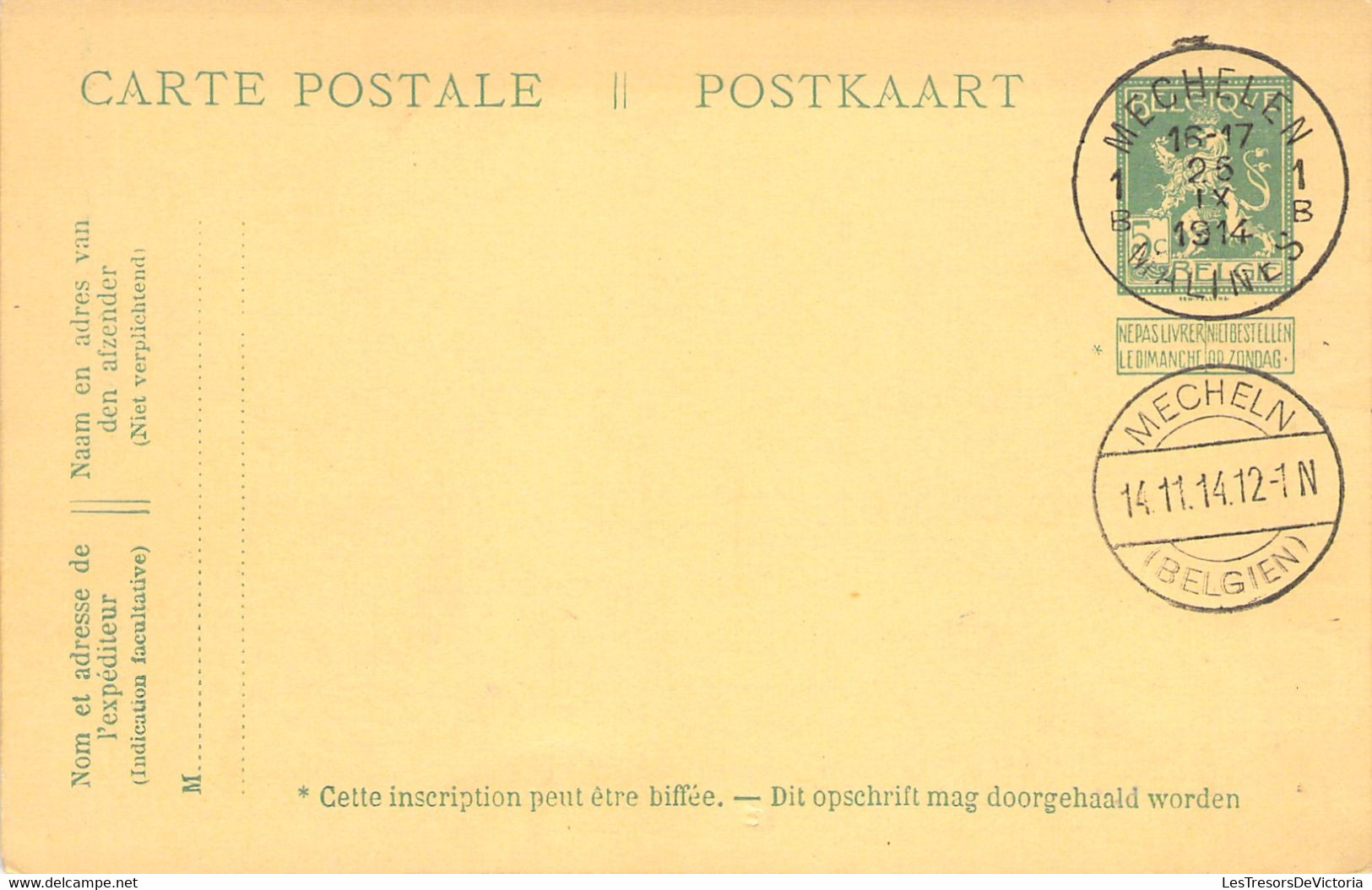 Carte Postale - Entier Postal - Oblitéré 2 Fois Le 25/09/1914 En Belgique Puis Sous L'occupation Allemande 2 Mois Après - Briefkaarten 1909-1934