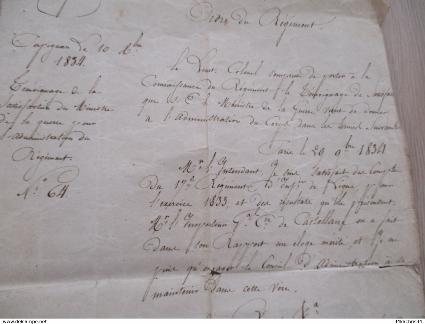 Ordre De Régiment Signé Colonel Gallimardel 17 ème Régiment D'Infanterie De Ligne 1834 En L'état - Documents