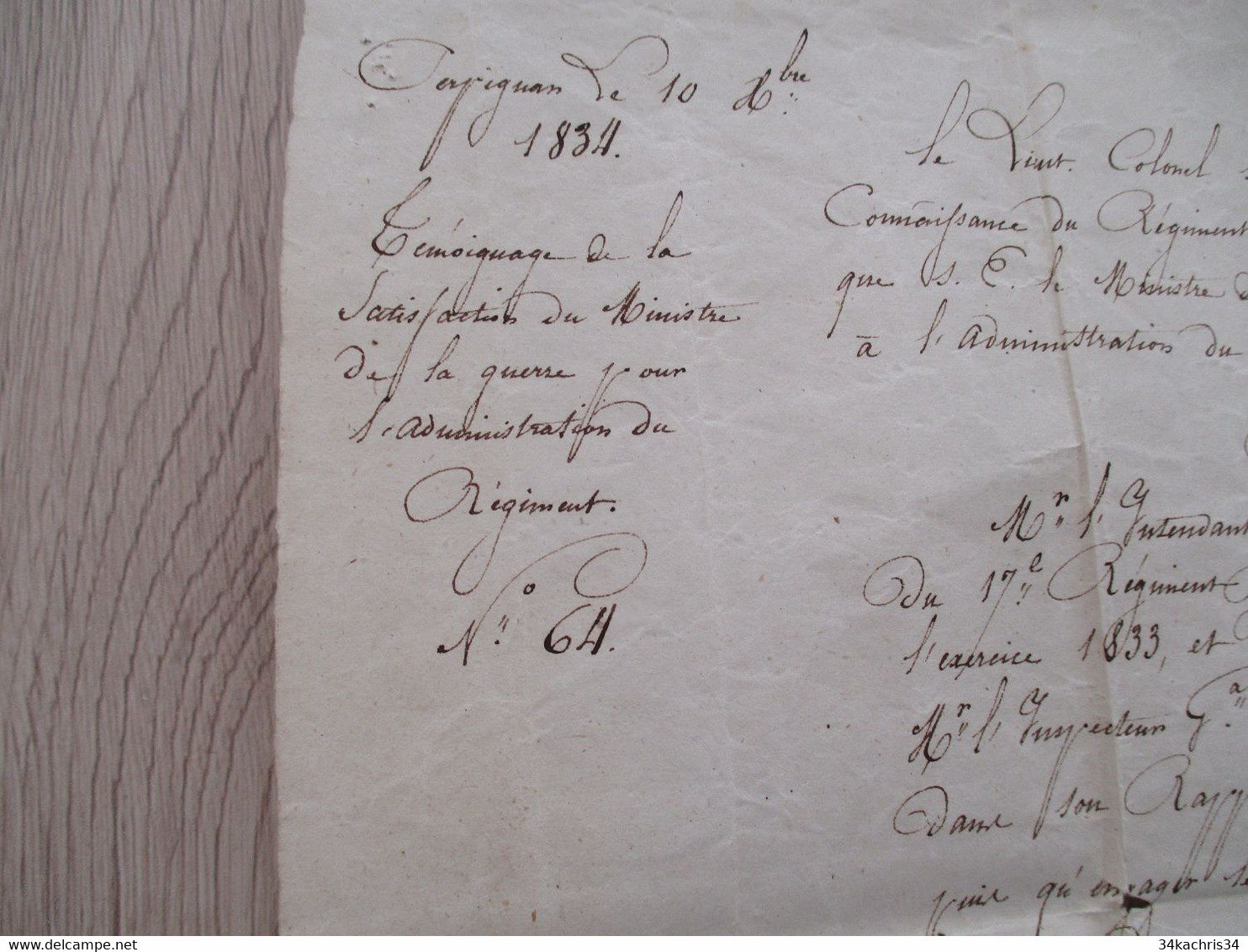 Ordre De Régiment Signé Colonel Gallimardel 17 ème Régiment D'Infanterie De Ligne 1834 En L'état - Dokumente