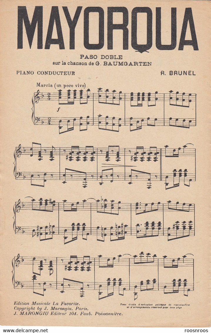 VIEUX PAPIERS -  PARTITION MUSICALE  - BRUNEL -BAUMGARTEN -LES GRANDS SUCCES DE LA FAVORITE - MAYORQUA - Partitions Musicales Anciennes