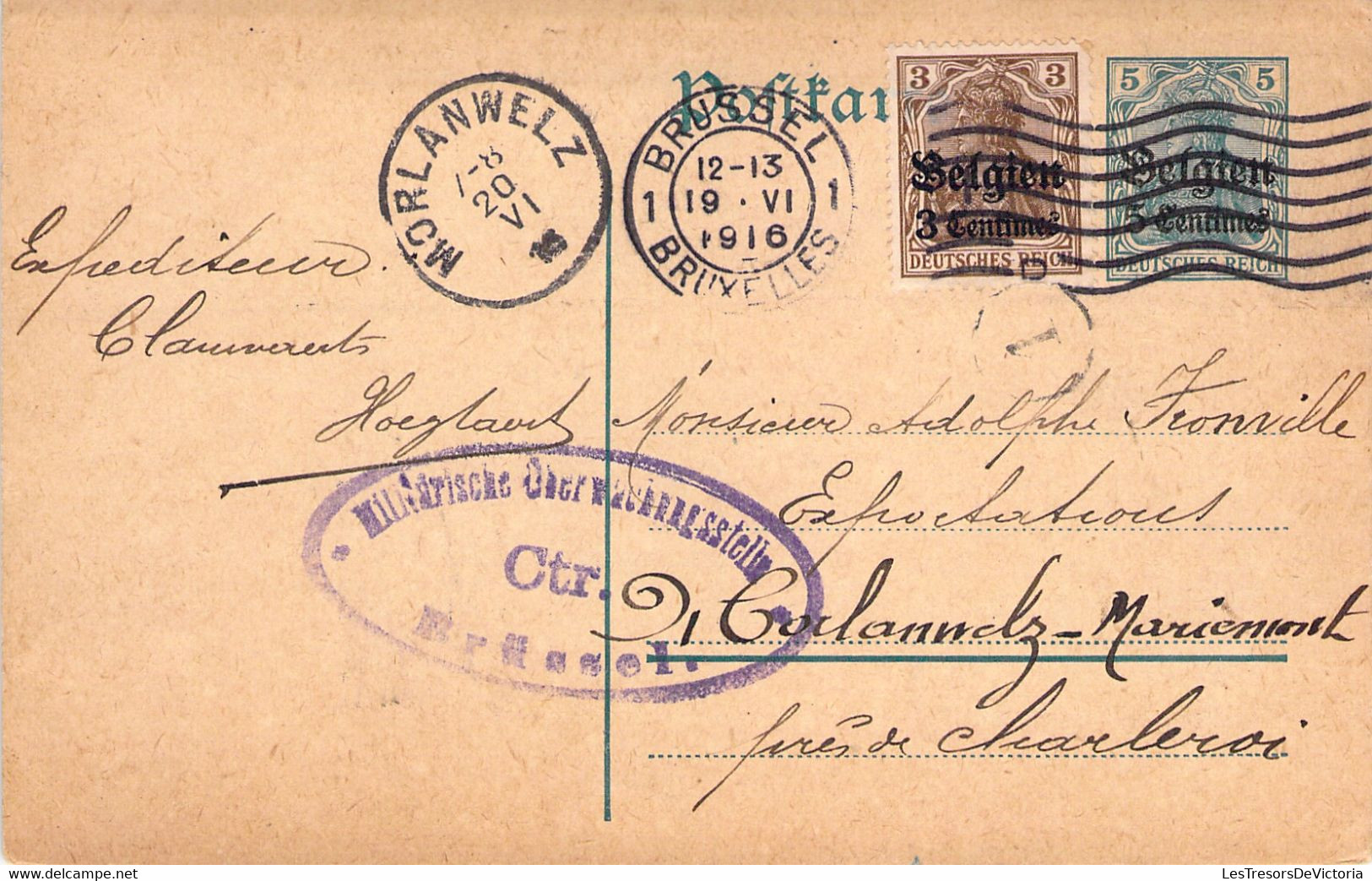 Carte Postale - Entier Postal - Timbre D'allemagne Avec Surcharge 5C Et 3C - Cachet Censure - 18 Juin 1916 Brussel - Tarjetas 1909-1934