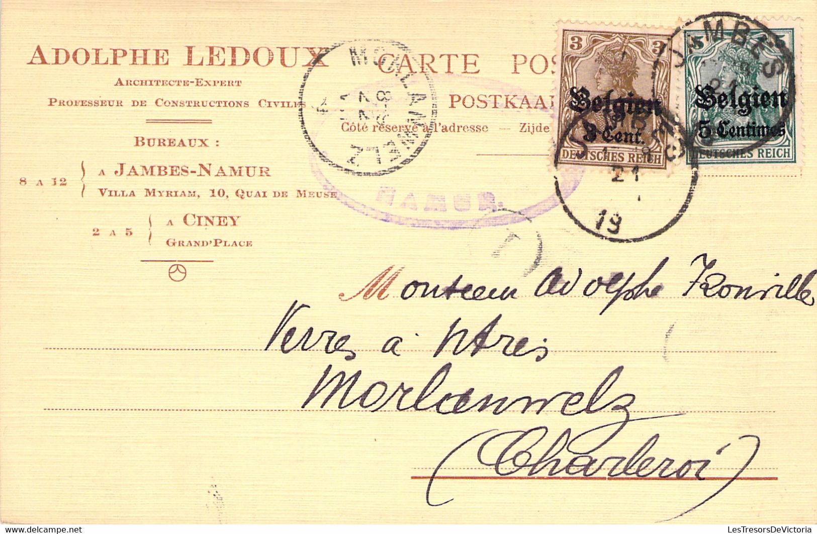 Carte Postale Ledoux - Entier Postal - Timbre D'allemagne Avec Surcharge 5C Et 3C - Cachet Censure - Juillet 1916 - Cartes Postales 1909-1934