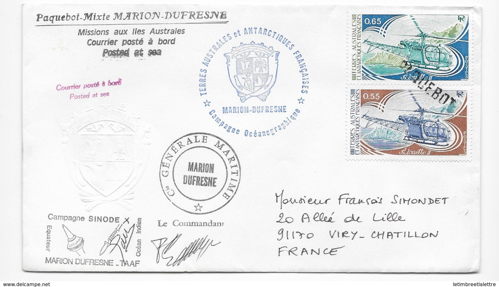⭐ TAAF -  Marion Dufresne C.G.M - Campagne Sinode - Paquebot Mixte - Signé Du Commandant ⭐ - Covers & Documents