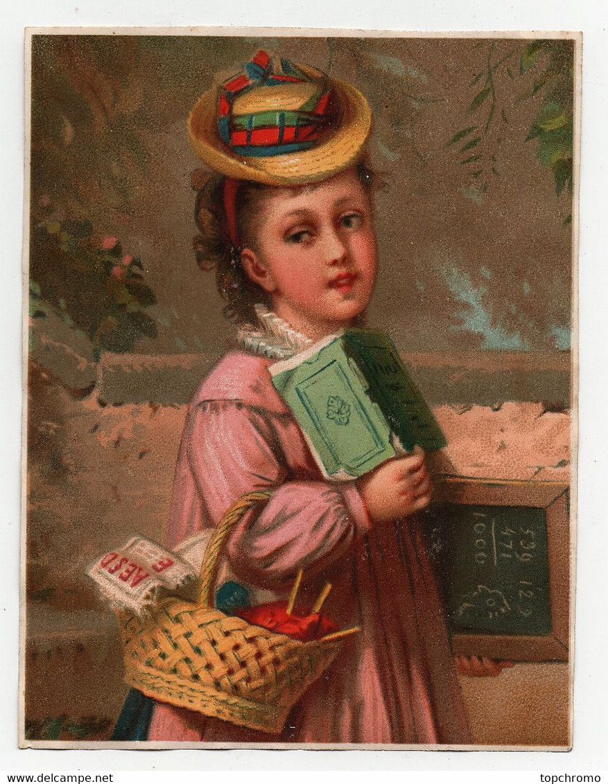 Grande CHROMO 19ème Enfant Fille Fillette école Cahier Ardoise Panier Coton Broderie Chapeau - Animaux