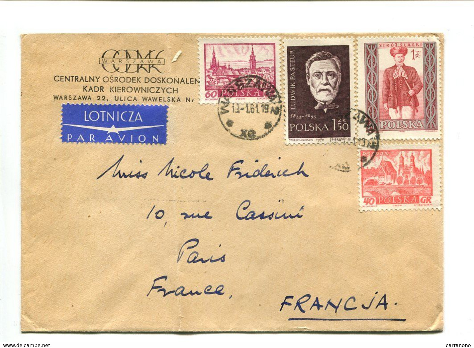 POLOGNE 1961 - Affranchissement Sur Lettre Par Avion - Louis Pasteur / Costume - Louis Pasteur