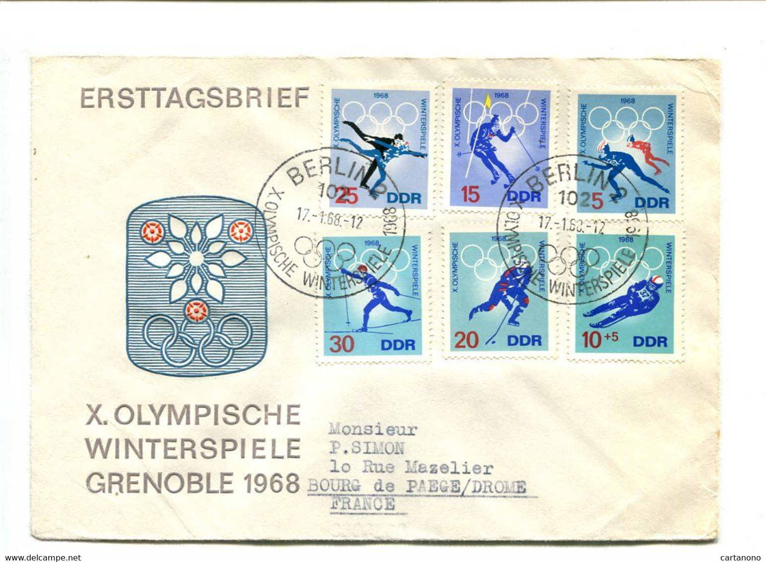 Jeux Olympiques Grenoble 1968 - D.D.R. - Série De 6 Timbres Sur Enveloppe Illustrée Des J.O. De Grenoble 1968 - Hiver 1968: Grenoble