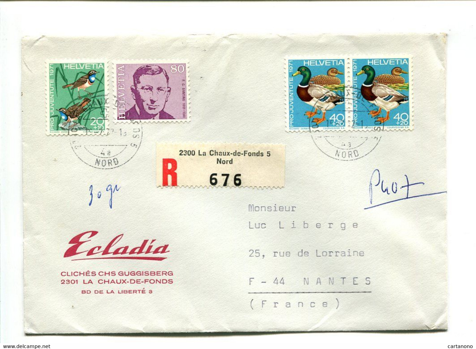 SUISSE 1972 - Affranchissement Sur Lettre Recommandée Pour La France - Oiseaux / Canard - Marcophilie