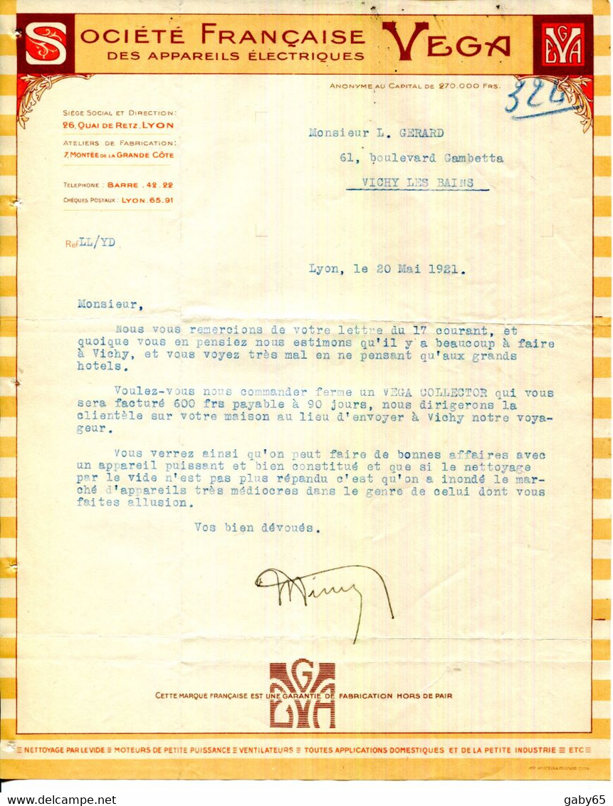 FACTURE.69.LYON.SOCIETE FRANÇAISE DES APPAREILS ELECTRIQUES " VEGA " 26 QUAI DE RETZ & 7 MONTÉE DE LA GRANDE COTE. - Elettricità & Gas