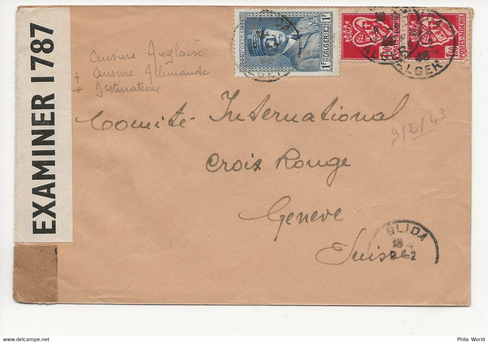 WW2 1943 ALGERIE Lettre Pour CICR CROIX ROUGE GENEVE Censure EXAMINER 1787 Et A.x. Ax Censorship PETAIN - 1941-42 Pétain