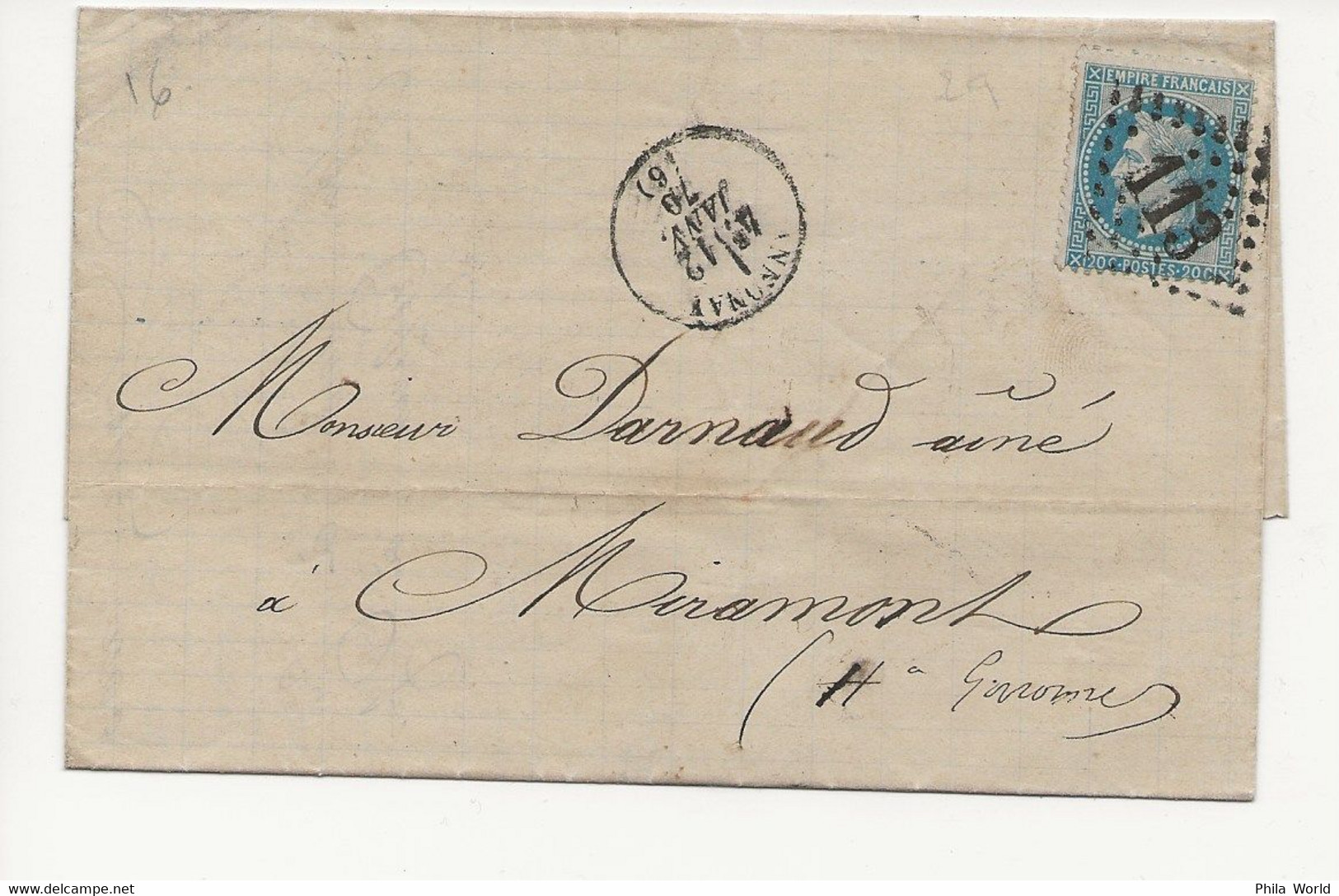 LAC 1870 ANNONAY 06 Ardèche Gros Chiffre GC 113 Sur EMPIRE LAURE 20c BLEU Pour MIRAMONT Via Lyon Marseille Saint Gaudens - 1849-1876: Classic Period