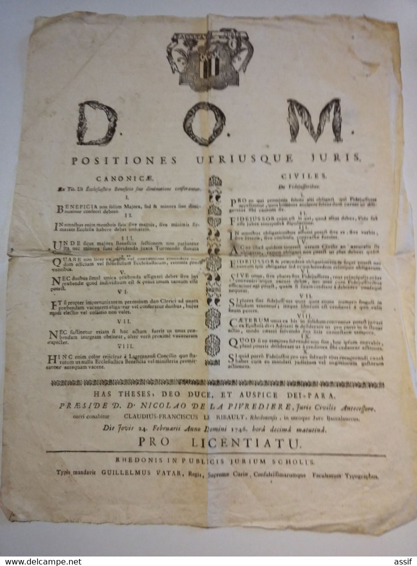 Rennes Placard 1746 Faculté De Droit  , Soutenance De Thèse Pour La Licence En Droit Canon Et Droit Civil - Affiches