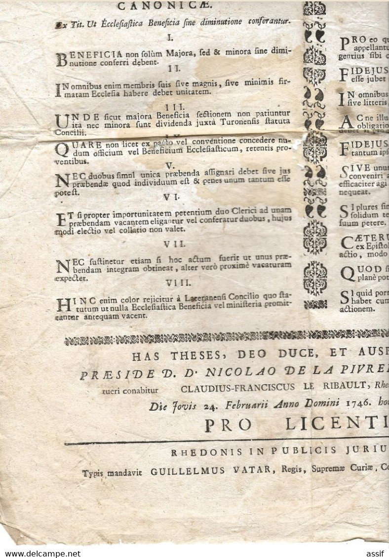 Rennes Placard 1746 Faculté De Droit  , Soutenance De Thèse Pour La Licence En Droit Canon Et Droit Civil - Affiches