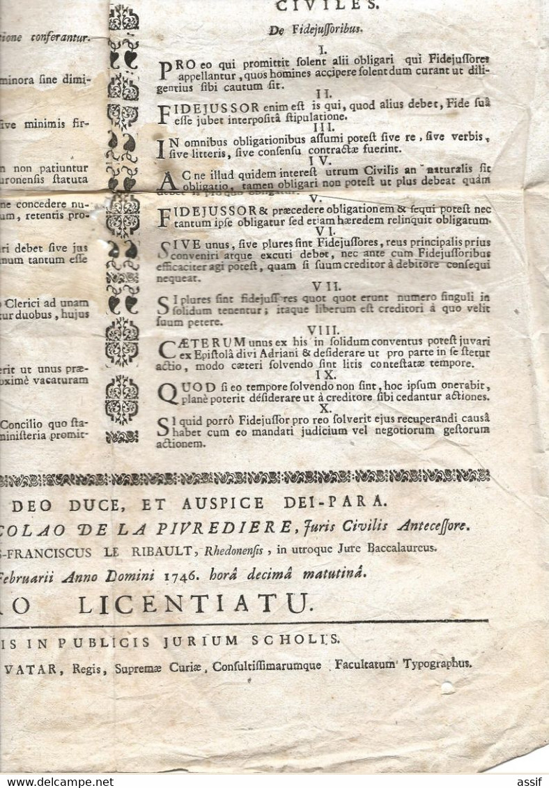 Rennes Placard 1746 Faculté De Droit  , Soutenance De Thèse Pour La Licence En Droit Canon Et Droit Civil - Afiches