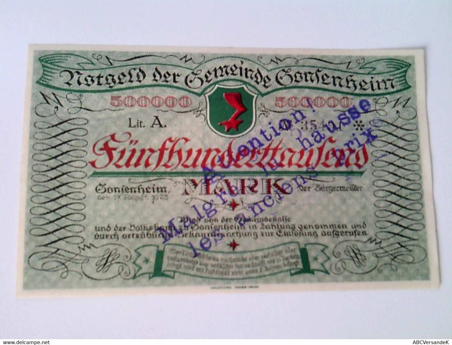 Notgeld Der Gemeinde Gonsenheim: 1 Schein:  500 000 Mark. 17. August 1923 - Numismatique
