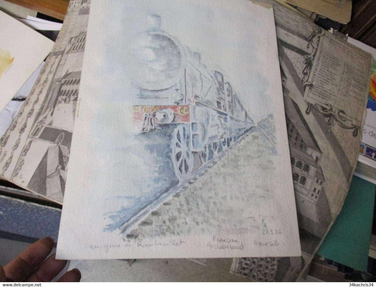 Aquarelle Originale 27X37 Françoise Archambaud 1986 Train En Gare De Rambouillet - Aquarel