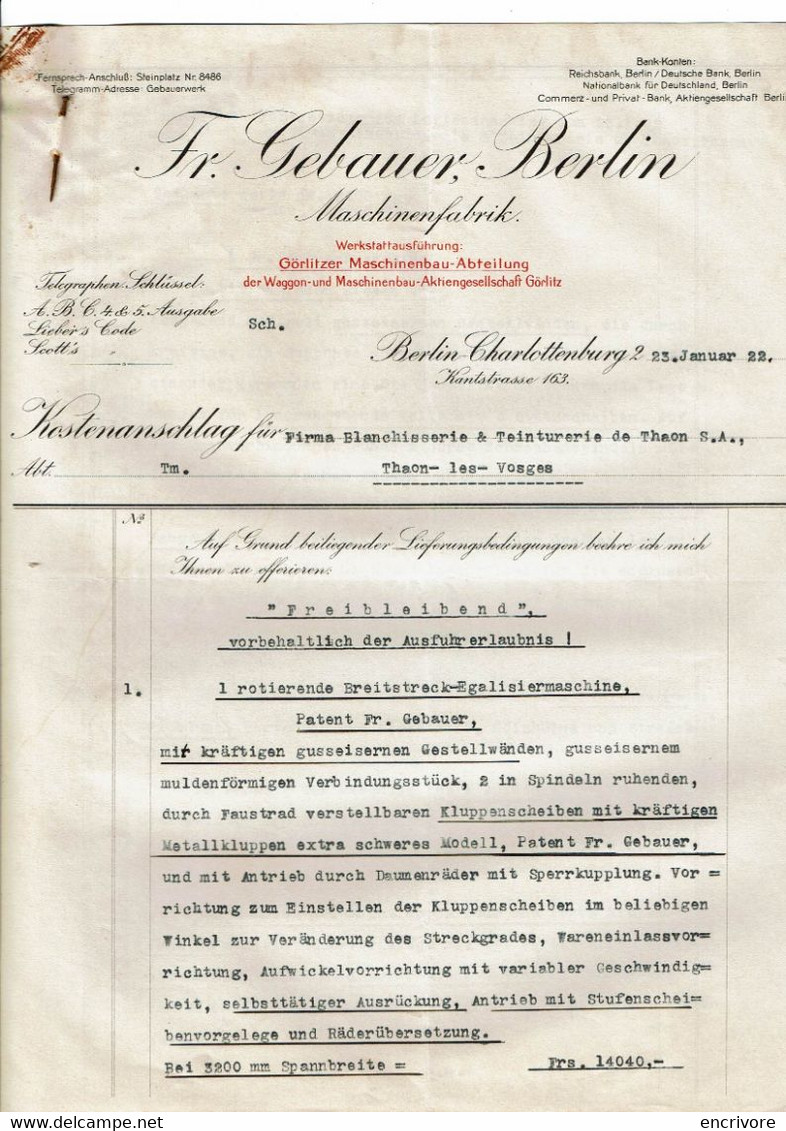 Lettre Commerciale Fr. GEBAUER Machinenfabrik BERLIN Charlottenburg à Blanchisserie Teinturerie Thaon Machines Textiles - Textilos & Vestidos