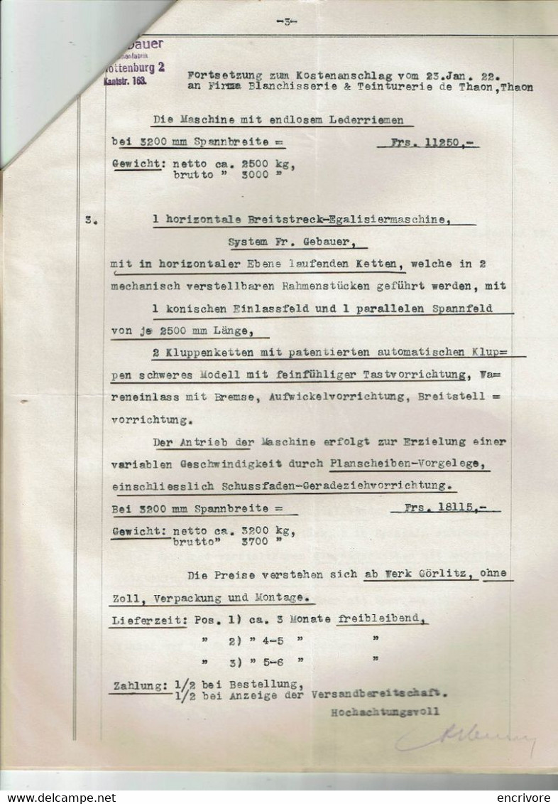 Lettre Commerciale Fr. GEBAUER Machinenfabrik BERLIN Charlottenburg à Blanchisserie Teinturerie Thaon Machines Textiles - Vestiario & Tessile