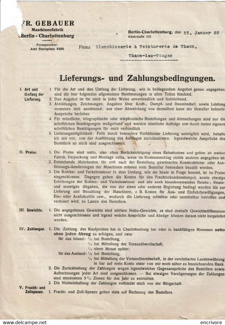 Lettre Commerciale Fr. GEBAUER Machinenfabrik BERLIN Charlottenburg à Blanchisserie Teinturerie Thaon Machines Textiles - Vestiario & Tessile