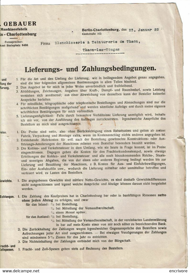 lettre commerciale Fr. GEBAUER Machinenfabrik BERLIN Charlottenburg à Blanchisserie Teinturerie Thaon machines textiles