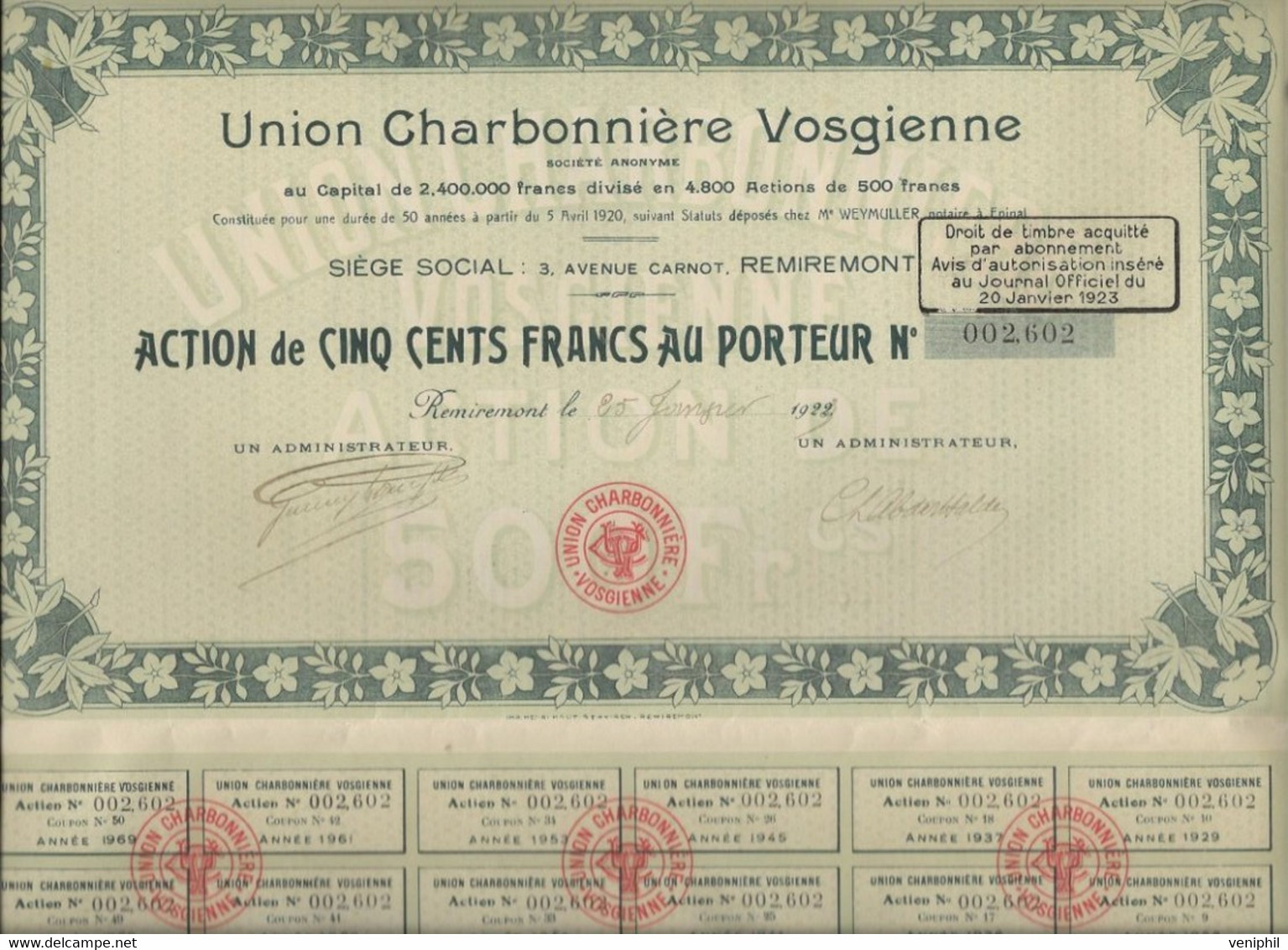 UNION CHARBONNIERE VOSGIENNE *DIVISE EN 4800 ACTIONS DE 50 FRS -REMIREMONT - ANNEE 1923 - Bergbau