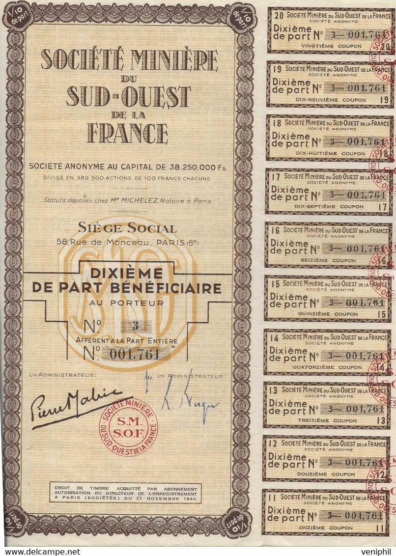 SOCIETE MINIERE DU SUD - OUEST DE LA FRANCE -DIXIEME DE PART BENEFICIAIRE - 1944 - Miniere