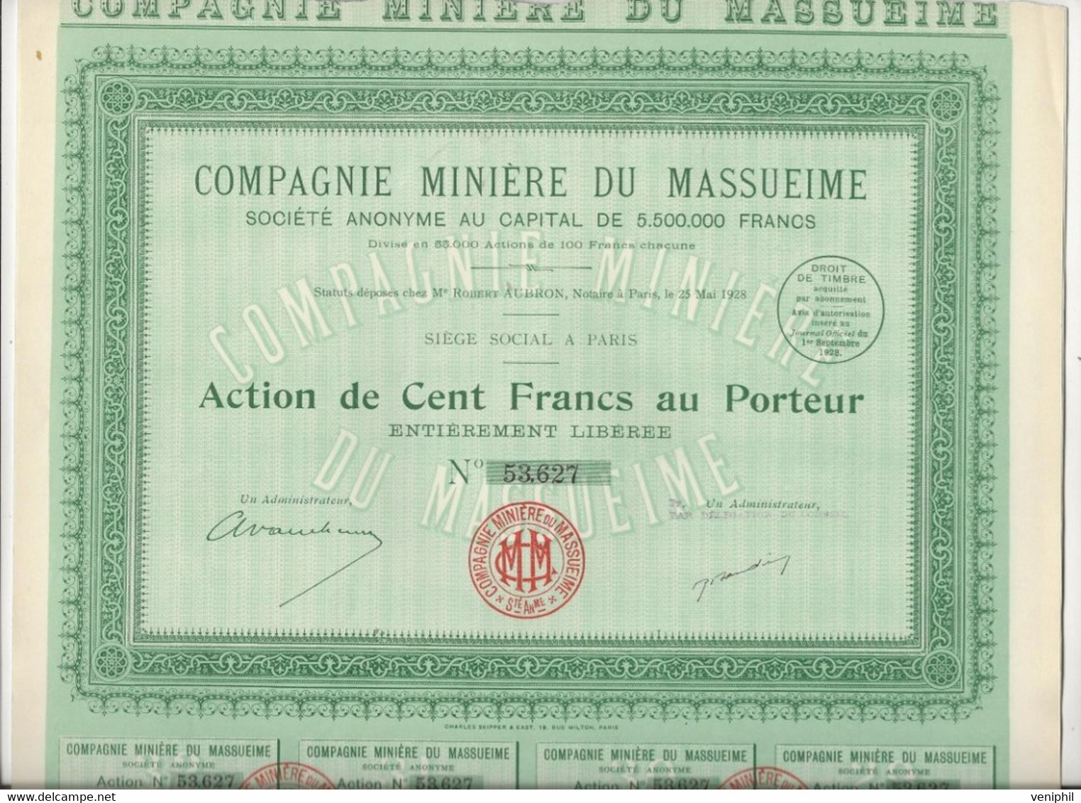 COMPAGNIE MINIERE "ANTIMOINE" DU MASSUEIME 1928 - LOT DE 5 ACTIONS DE CENT FRANCS . - Miniere