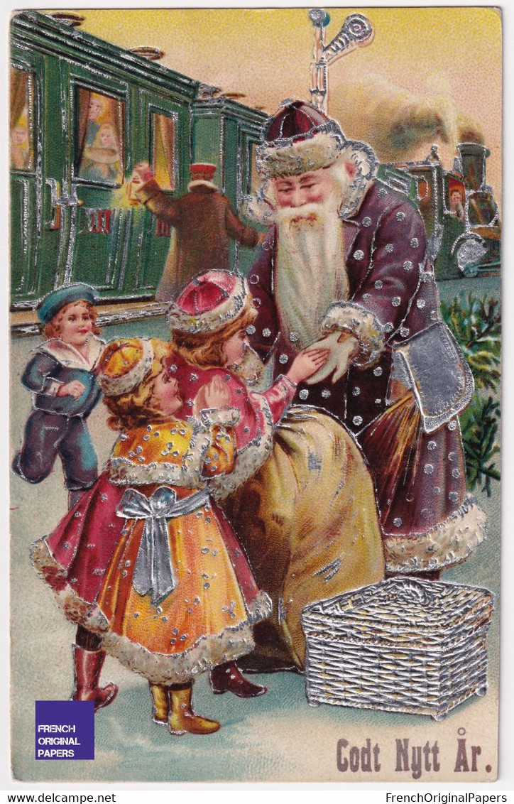 Voeux De Bonne Année CPA Gaufrée Suède 1908 Père Noël Santa Claus Train Enfants Cadeaux Fille Father Christmas A58-71 - Anno Nuovo