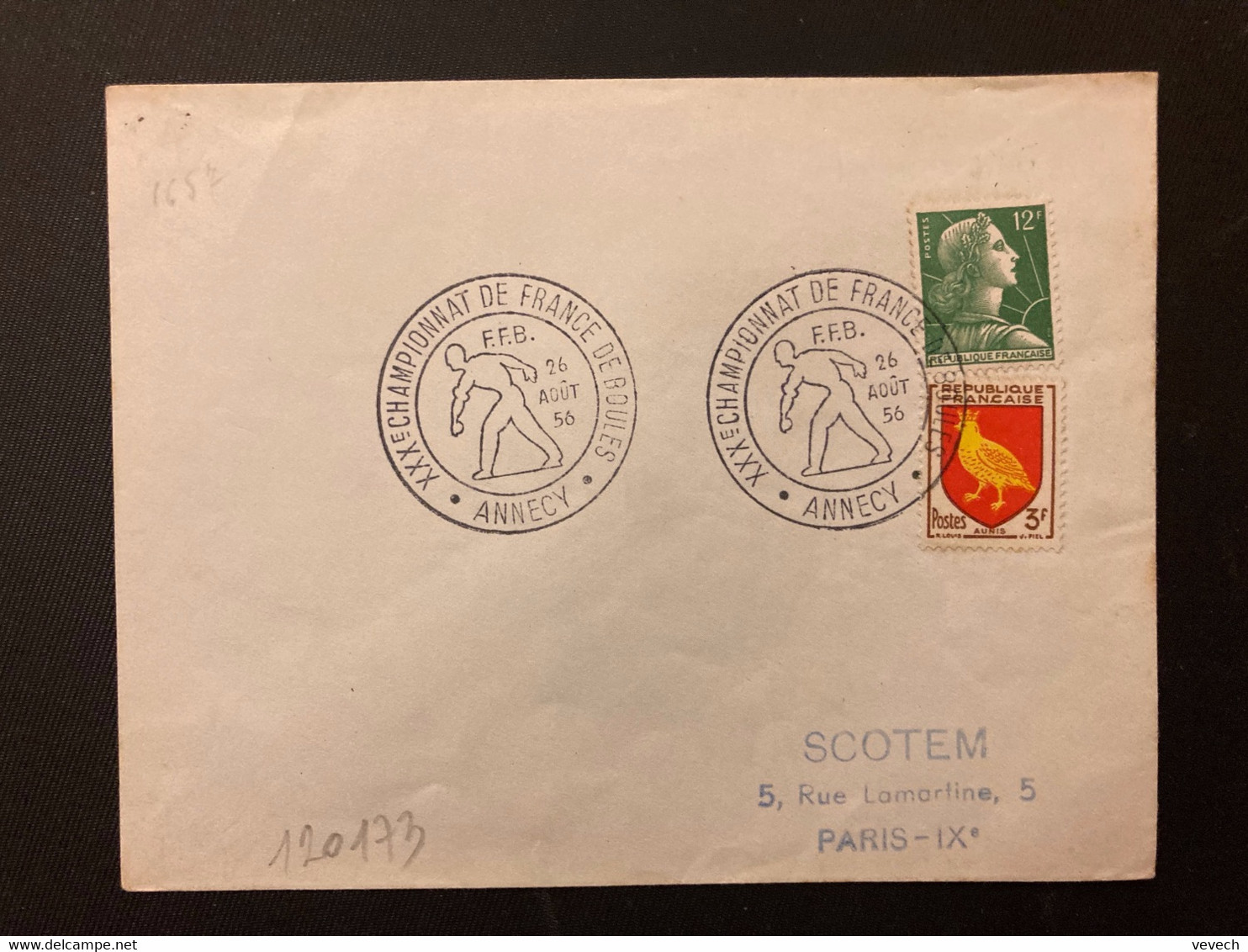 LETTRE TP M. DE MULLER 12F + AUNIS 3F OBL.26 AOUT 56 ANNECY XXXe CHAMPIONNAT DE FRANCE DE BOULES - Boule/Pétanque