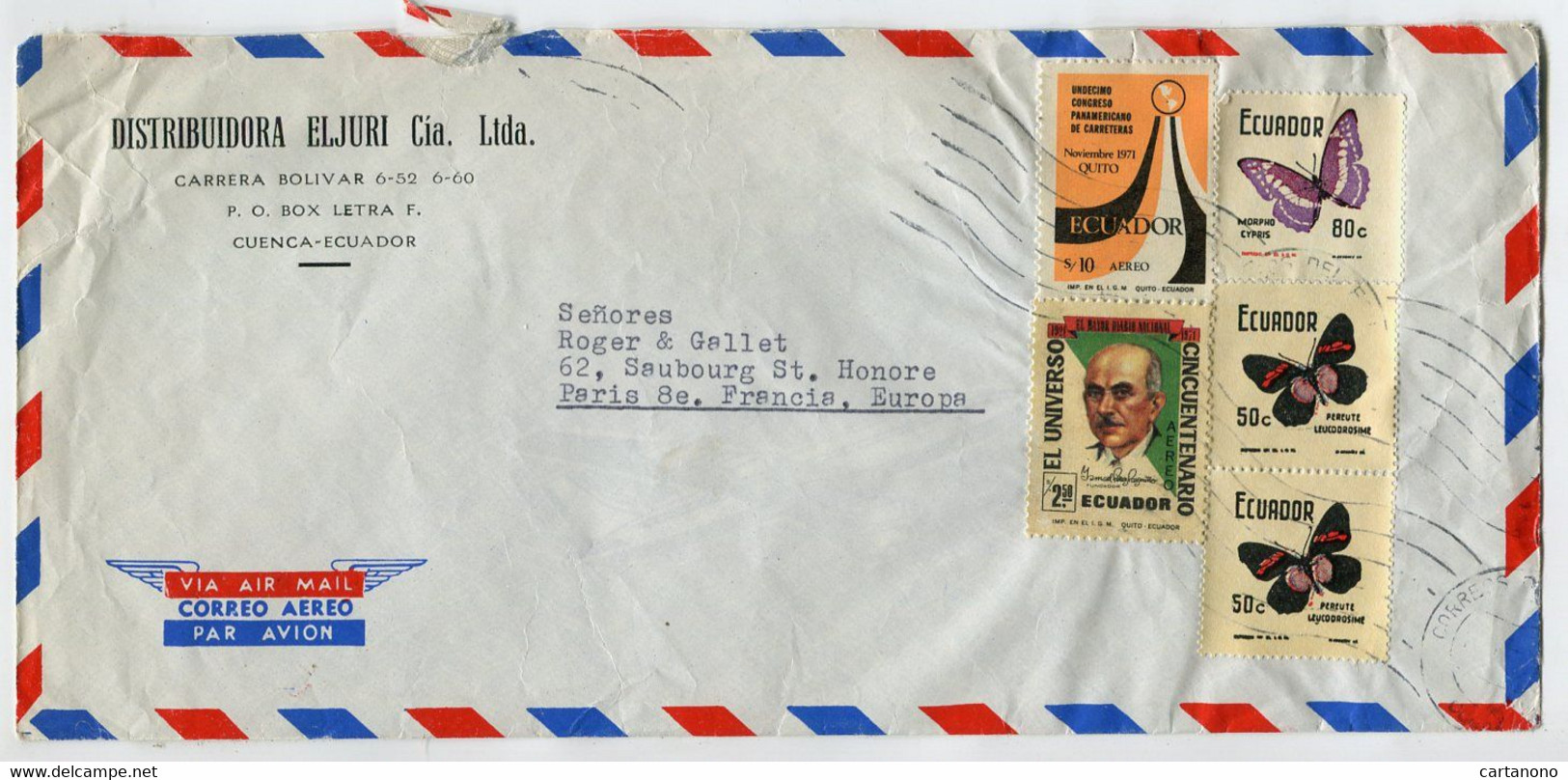 EQUATEUR 1971 - Affranchissement Sur Lettre Pour La France - Papillon - Ecuador