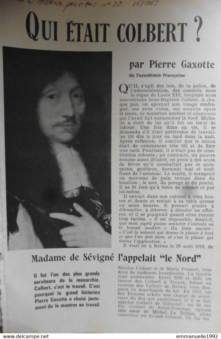 Article Revue L'Histoire Pour Tous N°38 Juin 1963 Qui était Colbert ? Par Pierre Gaxotte - Histoire