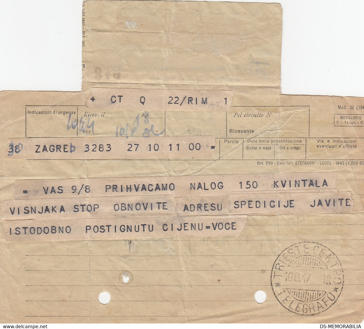 Italy Telegrafo Telegramma Telegram Trieste 1947 - Other & Unclassified