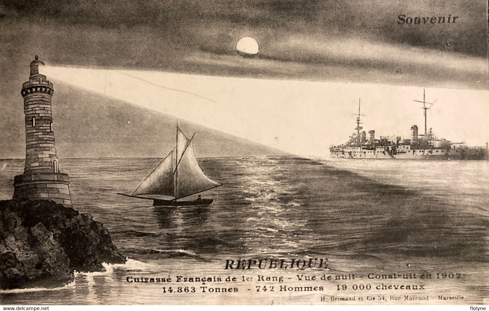 Le RÉPUBLIQUE - Cuirassé Français De 1er Rang - Vue De Nuit - Bateau Ship Guerre War - Warships