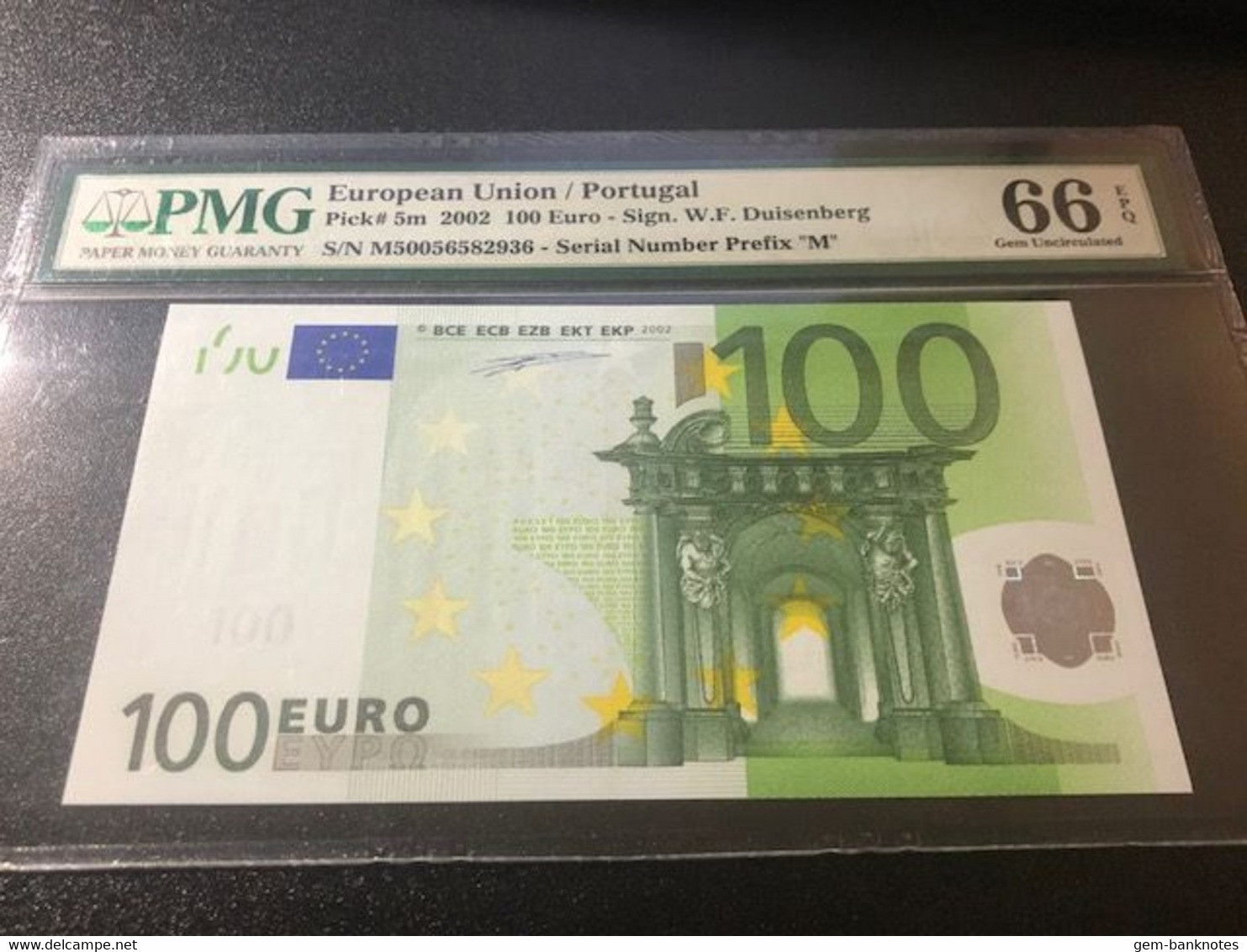 Portugal Letter M EUR 100 Printercode P005 Duisenberg P5m Graded 66 EPQ Gem Uncirculated By PMG - 100 Euro