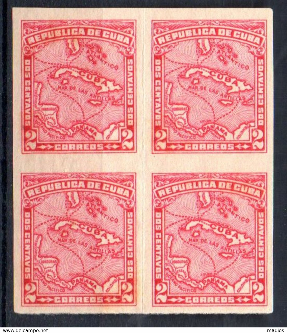 39558 CUBA  1915 2c Mapita Red, Blk4 Imperf. MNH. Reverse W/tropical Stain. And Bend Mark In The Middle - Geschnittene, Druckproben Und Abarten